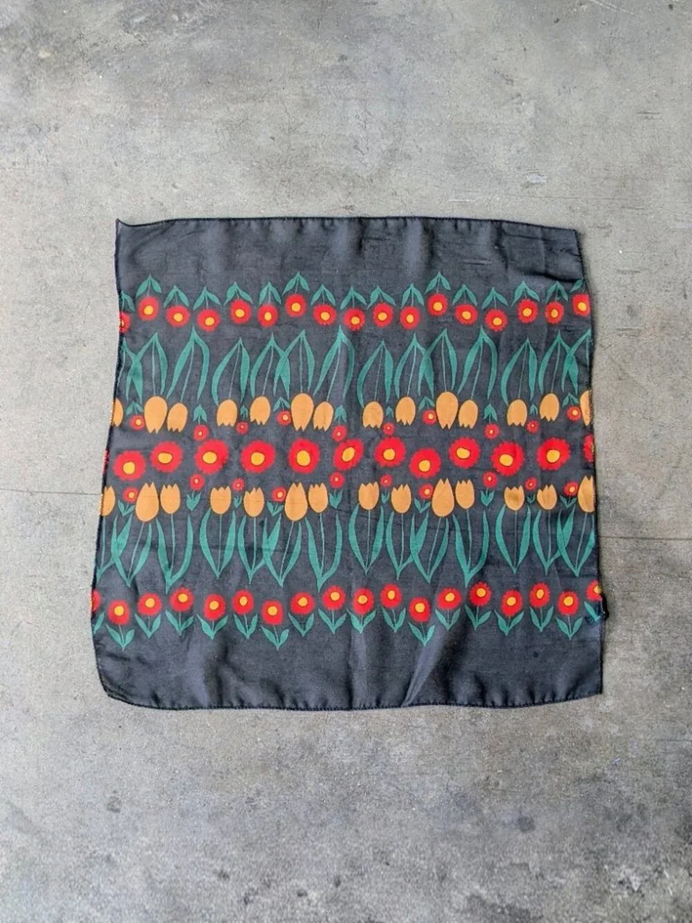 Vintage Floral Silk-Feel Polyester Sheer Black Red Yellow Green Square Scarf
